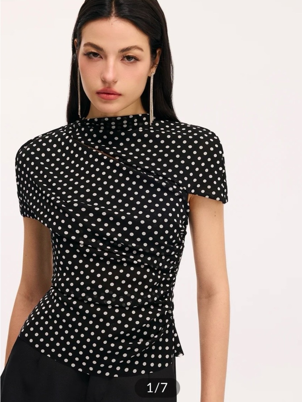 Commense Black Polka Dot Cut-out Ruched Draped Short Sleeve Top